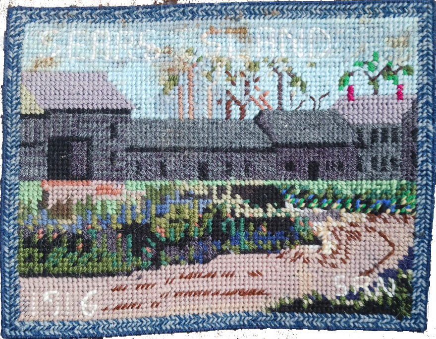 Grammy's home on Sears Island, needlepoint by Sarah Nickerson